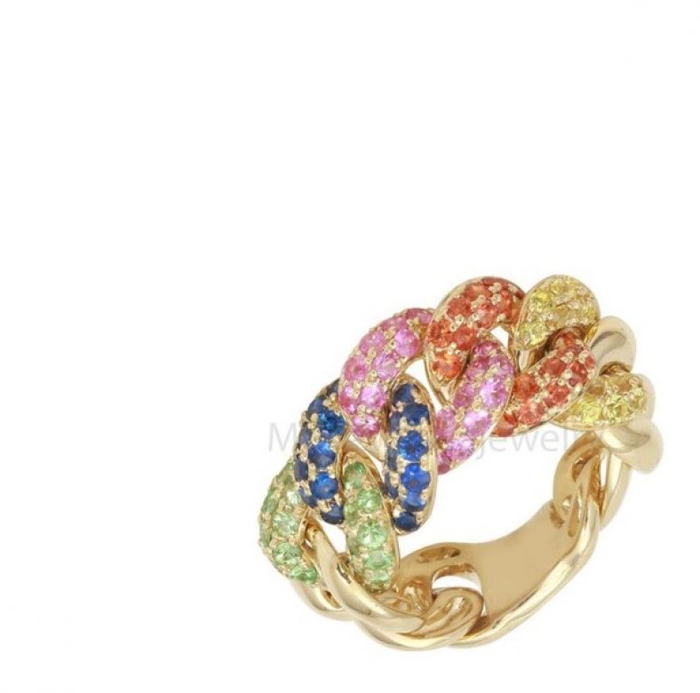 14k Yellow Gold Rainbow Sapphire Cuban Handmade Ring. Link Ring, 14k Gold Ring, 14k Gold Links Ring Jewelry For Women's