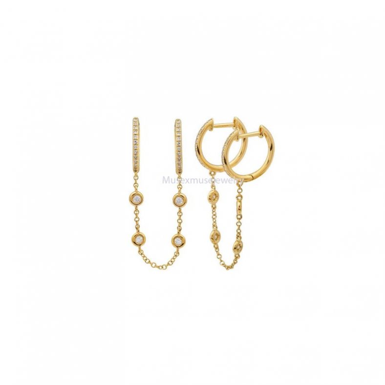 14K Gold Bezel Chained Huggies Earrings, 14k Gold Hoop, 14K Gold Earrings, 14K Gold Huggi, 14K Gold Jewelry, 14k Gold Huggies