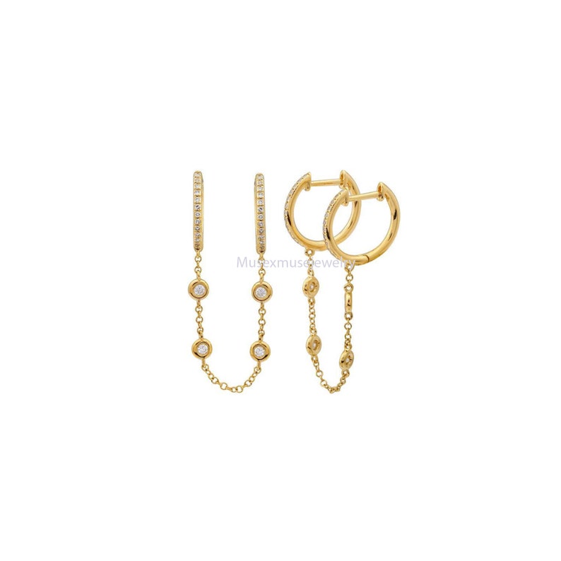 14K Gold Bezel Chained Huggies Earrings, 14k Gold Hoop, 14K Gold Earrings, 14K Gold Huggi, 14K Gold Jewelry, 14k Gold Huggies