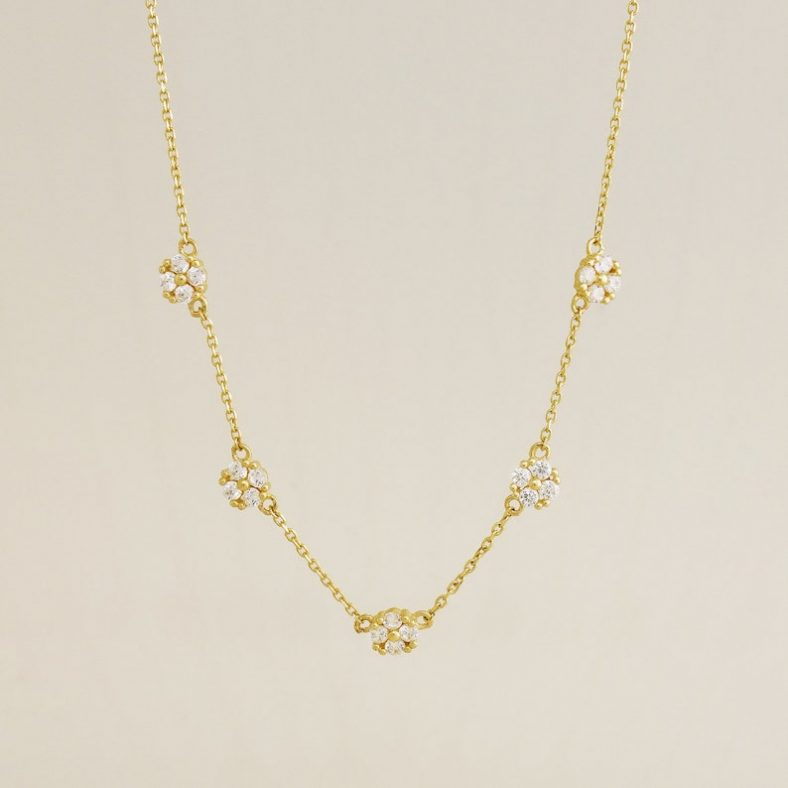 14K REAL Solid Gold Diamond CZ Flower Station Chain Necklace, Tiny Baby Mini Flower Diamond CZ Minimalist Dainty Linked Chain Necklace