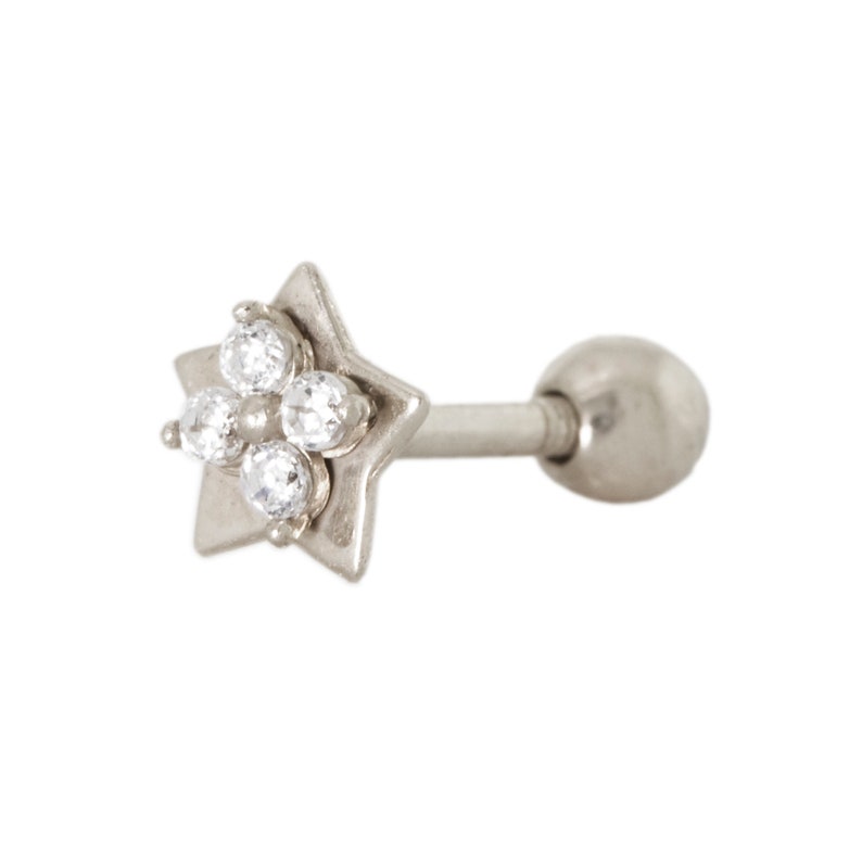 14K REAL Solid Gold Star Flower Diamond CZ Cartilage Daith Helix Tragus Conch Rook Snug Ear Post Stud Piercing Earring Body 18Gauge