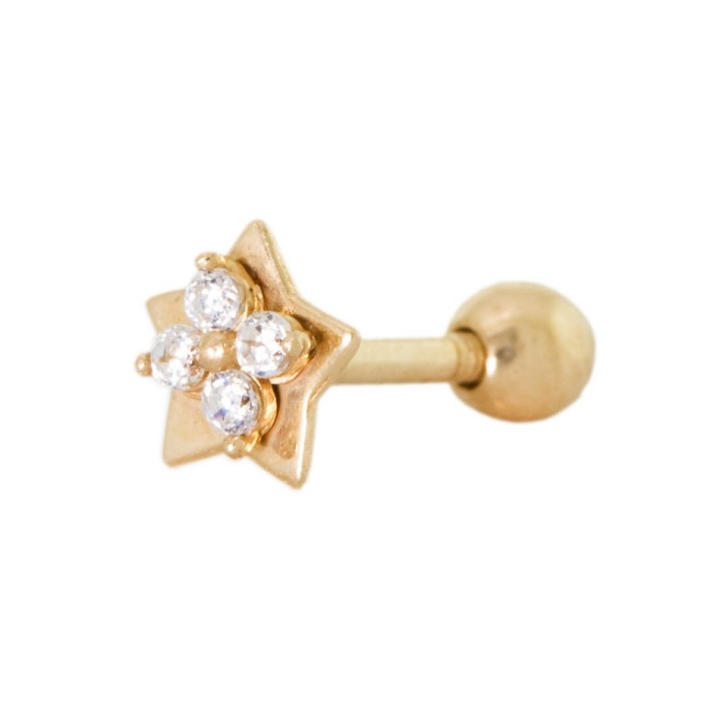 14K REAL Solid Gold Star Flower Diamond CZ Cartilage Daith Helix Tragus Conch Rook Snug Ear Post Stud Piercing Earring Body 18Gauge