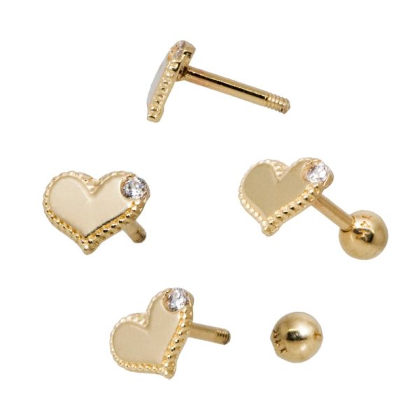 14K REAL Solid Gold Heart Diamond CZ Cartilage Daith Helix Tragus Conch Rook Snug Ear Post Stud Piercing Earring Body Jewelry 18Gauge