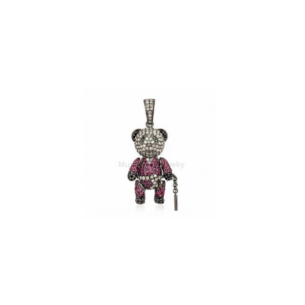 Oxidized Teddy Bear Pendant Pave Diamond Ruby Gemstone 925 Sterling Silver Handmade Jewelry For Women's Easter Gift