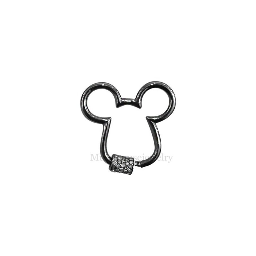Natural Diamond Black Oxidized Sterling Silver Mickey Mouse Shape Carabiner Lock, Clasp Lock, Diamond Screw Carabiner Lock Jewelry