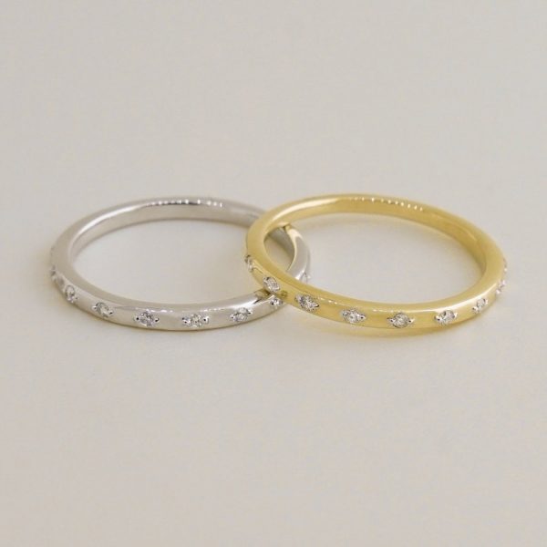 14K REAL Diamond Dot Band Ring Real Solid Gold Diamond Minimalist Wedding Engagement Anniversary Bridal Stacker Layering Band Ring