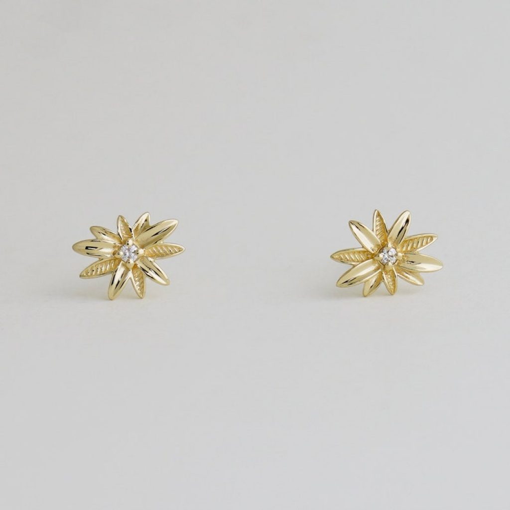 14K REAL Solid Gold Diamond CZ Wild Sunflower Stud Earrings, Upper Earlobe Cartilage Tragus Ear Post Push-back Stud Piercing Earrings