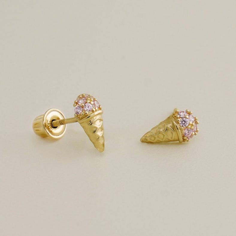 14K REAL Solid Gold Tiny Ice Cream Cone Stud Earrings, Pink Diamond CZ Upper Earlobe Cartilage Helix Tragus Ear Post Stud Piercing Earrings