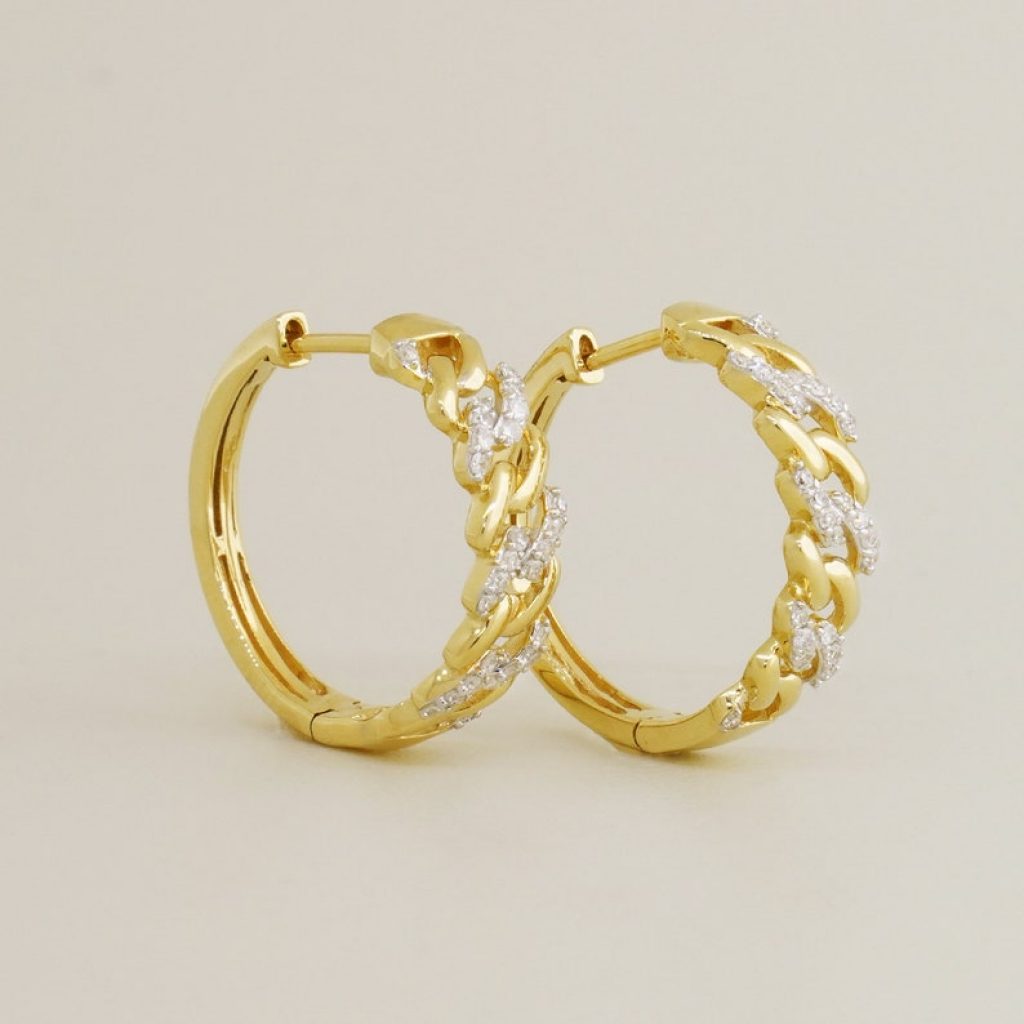14K REAL Diamond Cuban link Hoop Earrings, Real Solid Gold Natural Genuine Diamond Cartilage Huggie Hinge Hoop