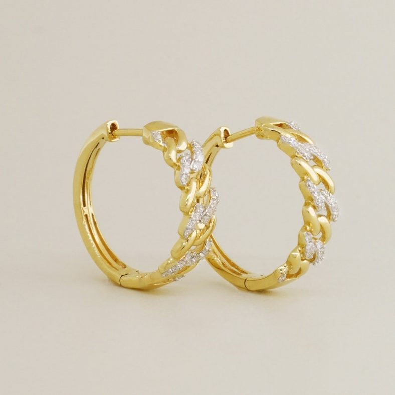 14K REAL Diamond Cuban link Hoop Earrings, Real Solid Gold Natural Genuine Diamond Cartilage Huggie Hinge Hoop