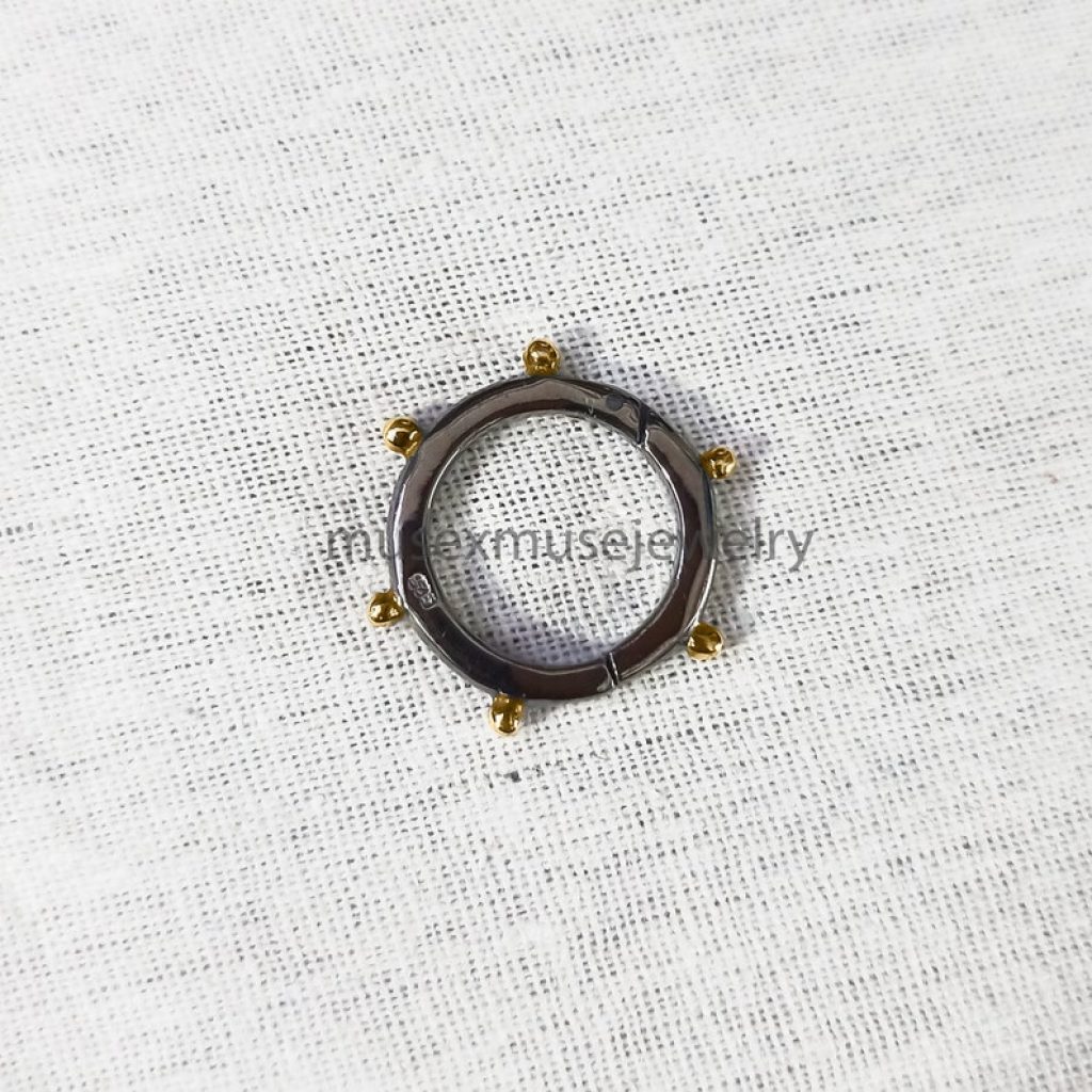 Black Rhodium With Yellow Gold Plating Sterling Silver Designer Round Lock Jewelry, Silver Push Lock Jewelry, Round Snap Lock Jewelry