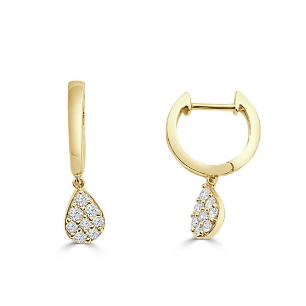 14K REAL Diamond Oval Charm Huggie Hoop Earrings Minimalist Real Solid Gold Cluster Diamond Oval Teardrop Charm Dangle Huggie Hoop Earring