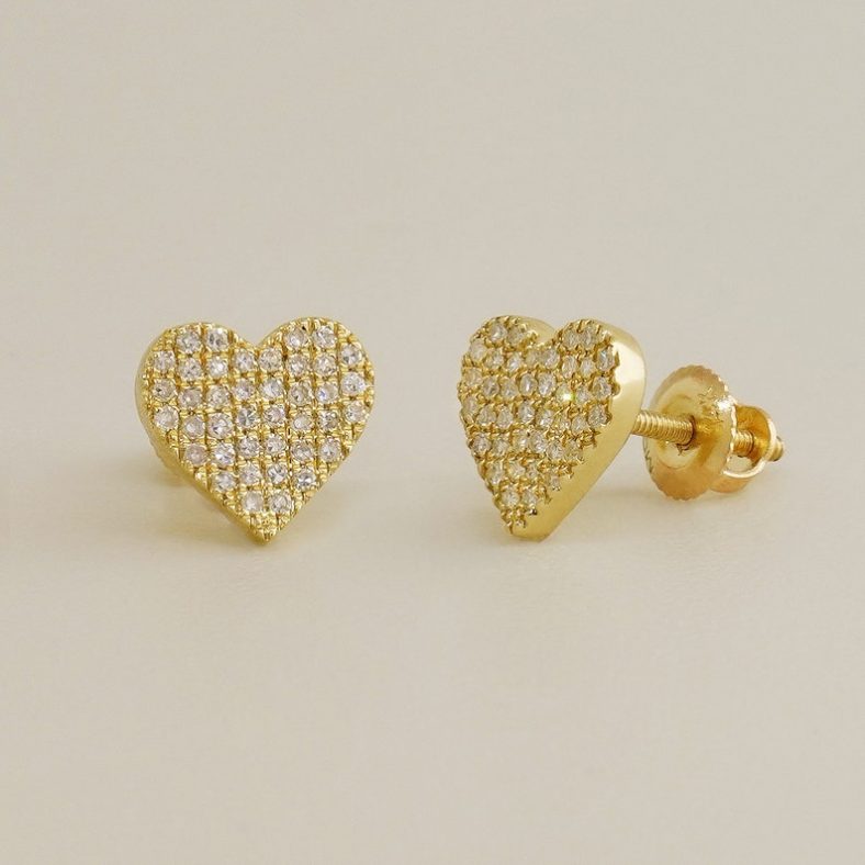 14K REAL Diamond Baby Mini Heart Stud Earrings, Real Solid Gold Micropavé Genuine Natural Diamond Ear Post Screw-back Stud Piercing Earrings