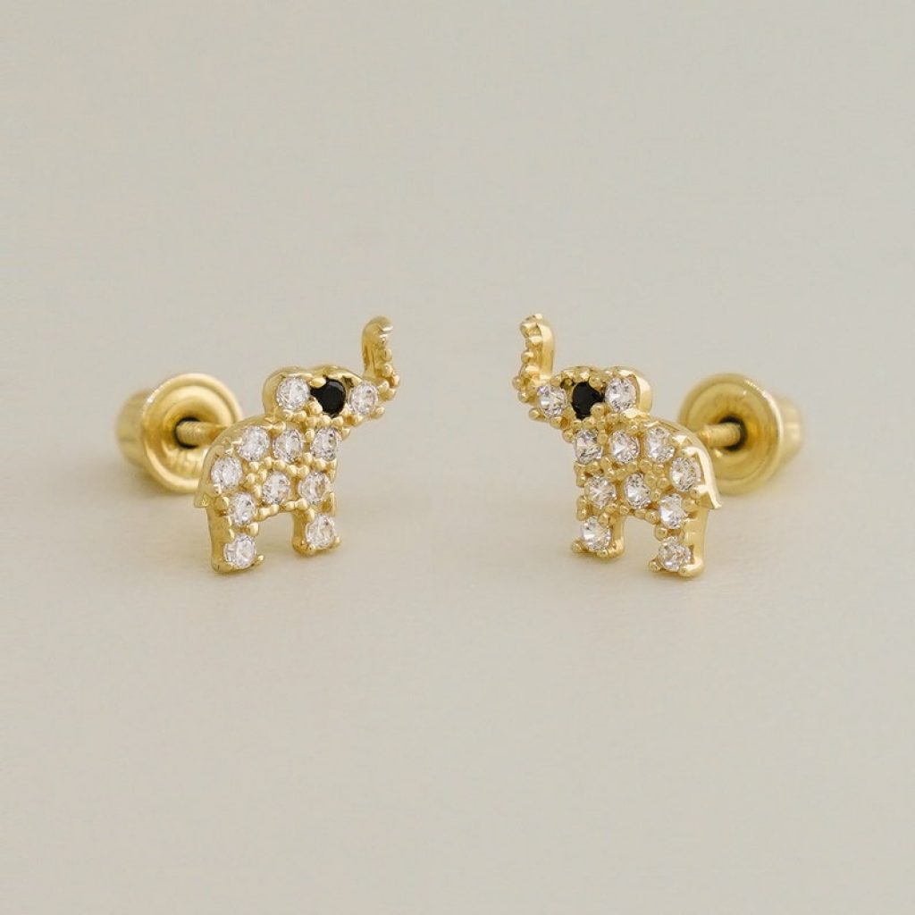 14K REAL Solid Gold Baby Elephant Diamond CZ Stud Earring for Cartilage Daith Helix Tragus Conch Rook Snug Ear Post Screw-back Stud Piercing