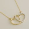 14K REAL Diamond Double Heart Necklace, Real Solid Gold Pave Natural Genuine Diamond Minimalist Interlocking Hearts Pendant Chain Necklace