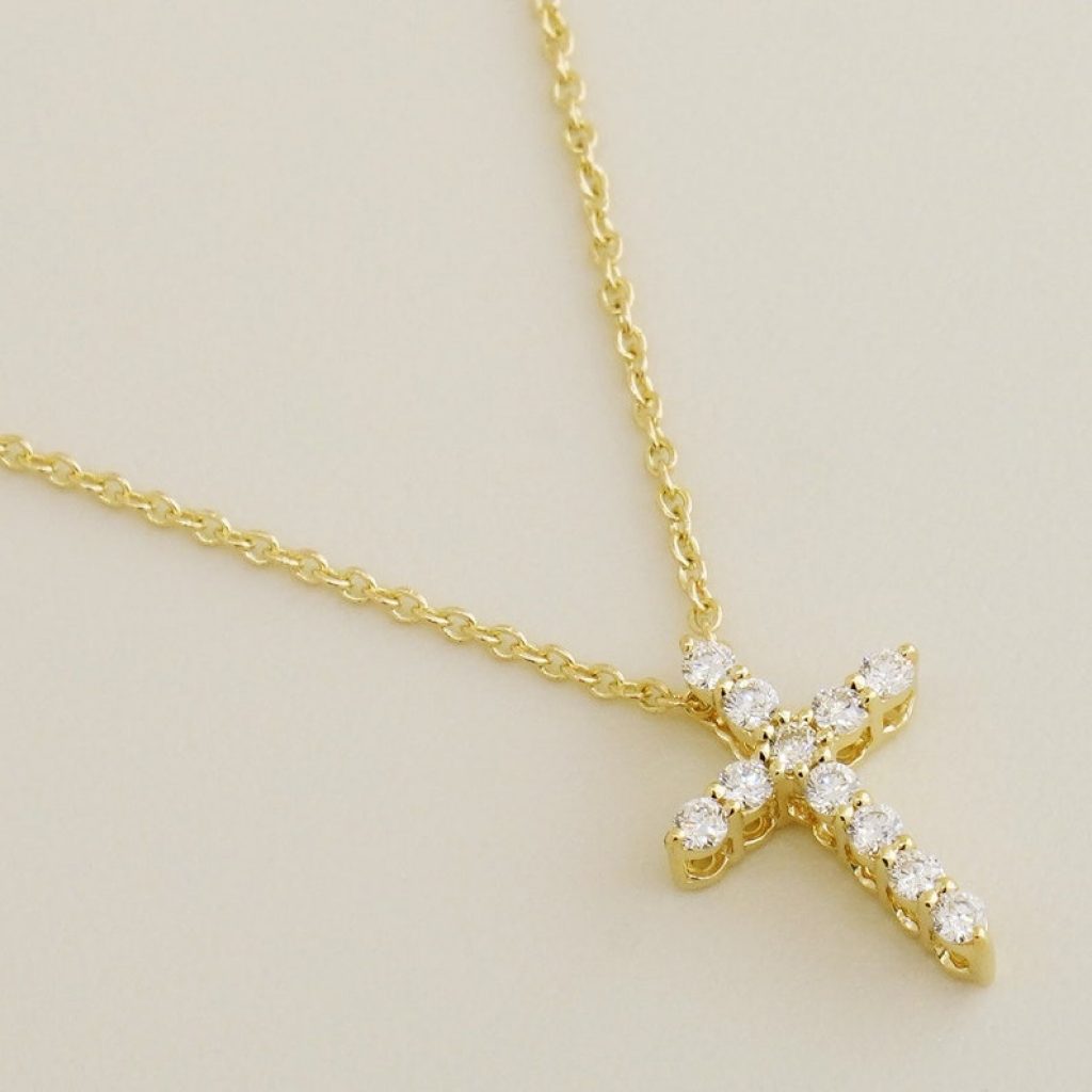 14K REAL Diamond Cross Pendant Necklace Real Solid Gold Pave Natural Genuine Diamond Minimalist Dainty Horizontal Pendant Chain Necklace