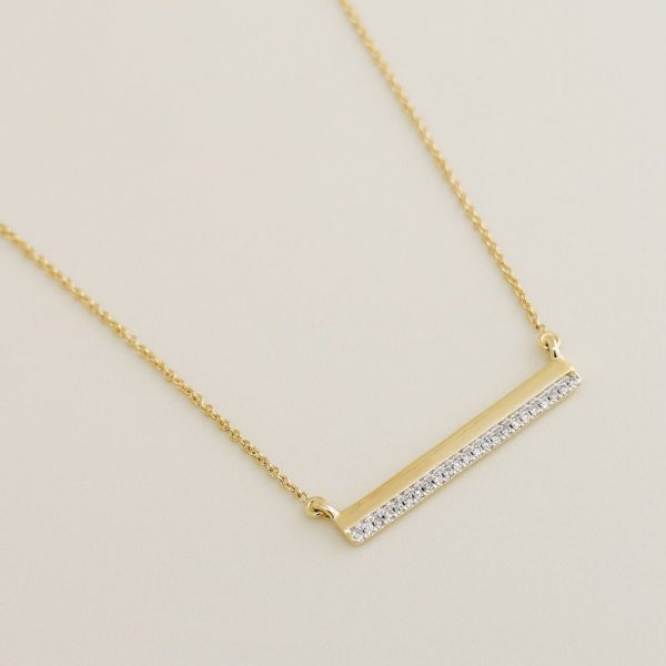 14K REAL Diamond Skinny Bar Necklace, Real Solid Gold Pave Natural Genuine Diamond Minimalist Dainty Horizontal Bar Pendant Chain Necklace