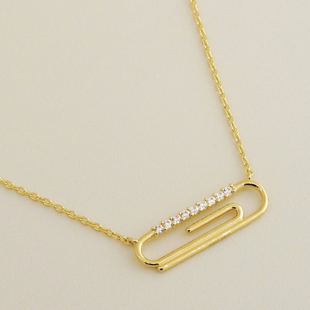 14K REAL Solid Gold Diamond CZ Safety Pin Pendant Charm Chain Necklace, Diamond CZ Minimalist Dainty Safety Pin Pendant Charm Chain Necklace