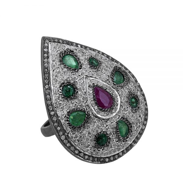 925 Sterling Silver Real Diamond Pave Ruby Emerald Gemstone Pear Cocktail Ring WHOLESALE