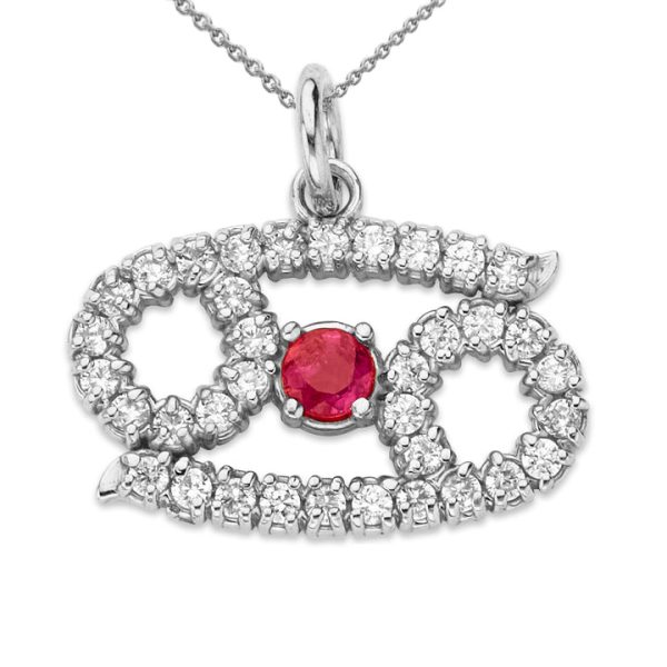 Cancer Zodiac Horoscope Diamond and Genuine Ruby Pendant Necklace In Solid Gold