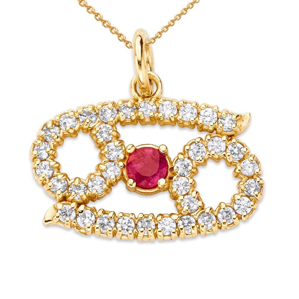 Cancer Zodiac Horoscope Diamond and Genuine Ruby Pendant Necklace In Solid Gold