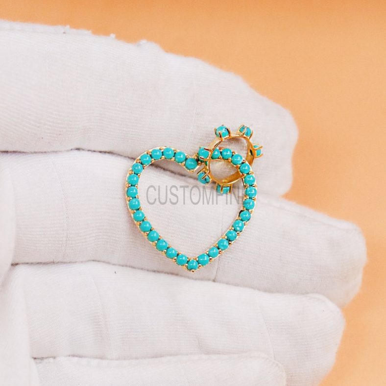 14K Gold Turquoise Heart Enhancer Necklace, 14K Gold Turquoise Charms Holder, 14k Gold Round Ball Charms Holder, Gold Dainty Heart Pendant