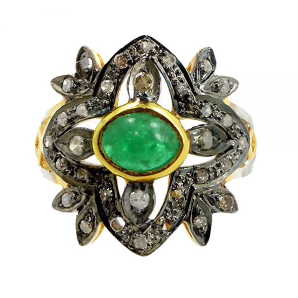 Gemstone Emerald Sterling Silver Pave Diamond Ring Vintage Look Jewelry