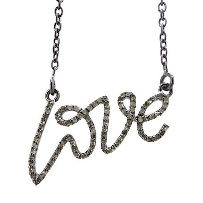 925 Sterling Silver Love Signet Pendant Necklace Diamond Pave Designer Jewelry