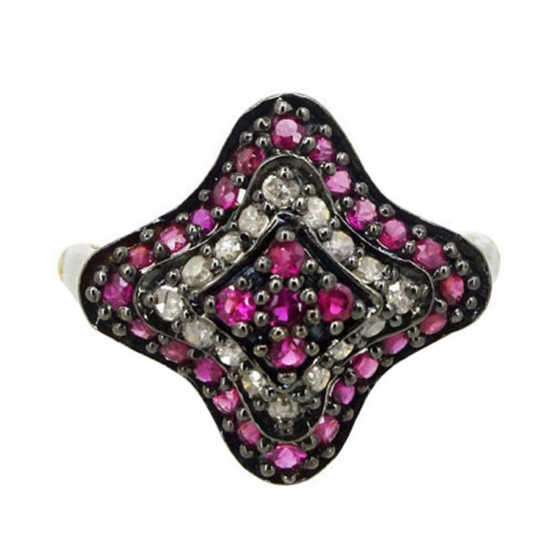 925 Silver Ruby Flower Design Cocktail Ring Diamond Pave Jewelry
