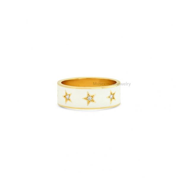 Designer Enamel Color Handmade Sterling Silver Pave Diamond Band Ring Jewelry, Star Enamel Handmade Ring For Women's