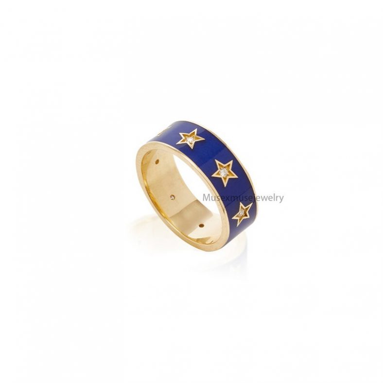 Designer Enamel Color Handmade Sterling Silver Pave Diamond Band Ring Jewelry, Star Enamel Handmade Ring For Women's