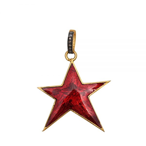 925 Sterling Silver Red Enamel Star Pendant Natural Diamond Pave Vintage Jewelry NEW WHOLESALE