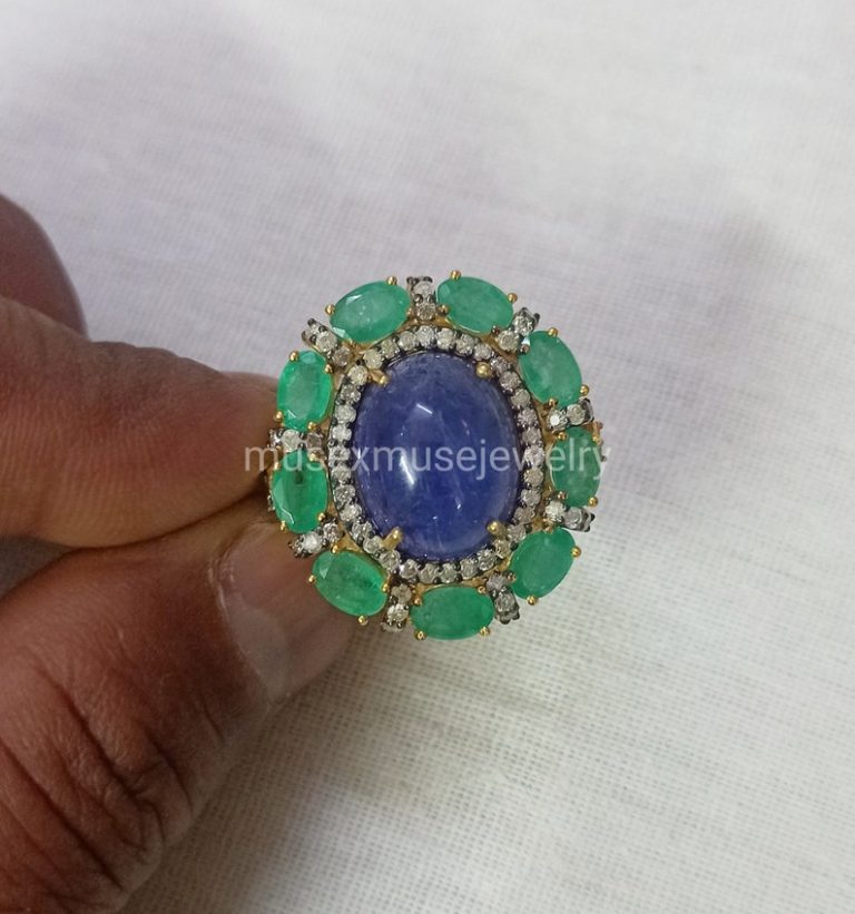 Sterling Silver Emerald with Tanzanite Jewelry, Silver Tanzanite Ring Jewelry
