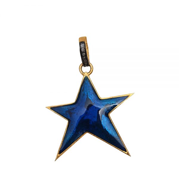 925 Sterling Silver Blue Enamel Star Pendant Natural Diamond Pave Fine Jewelry Wholesale