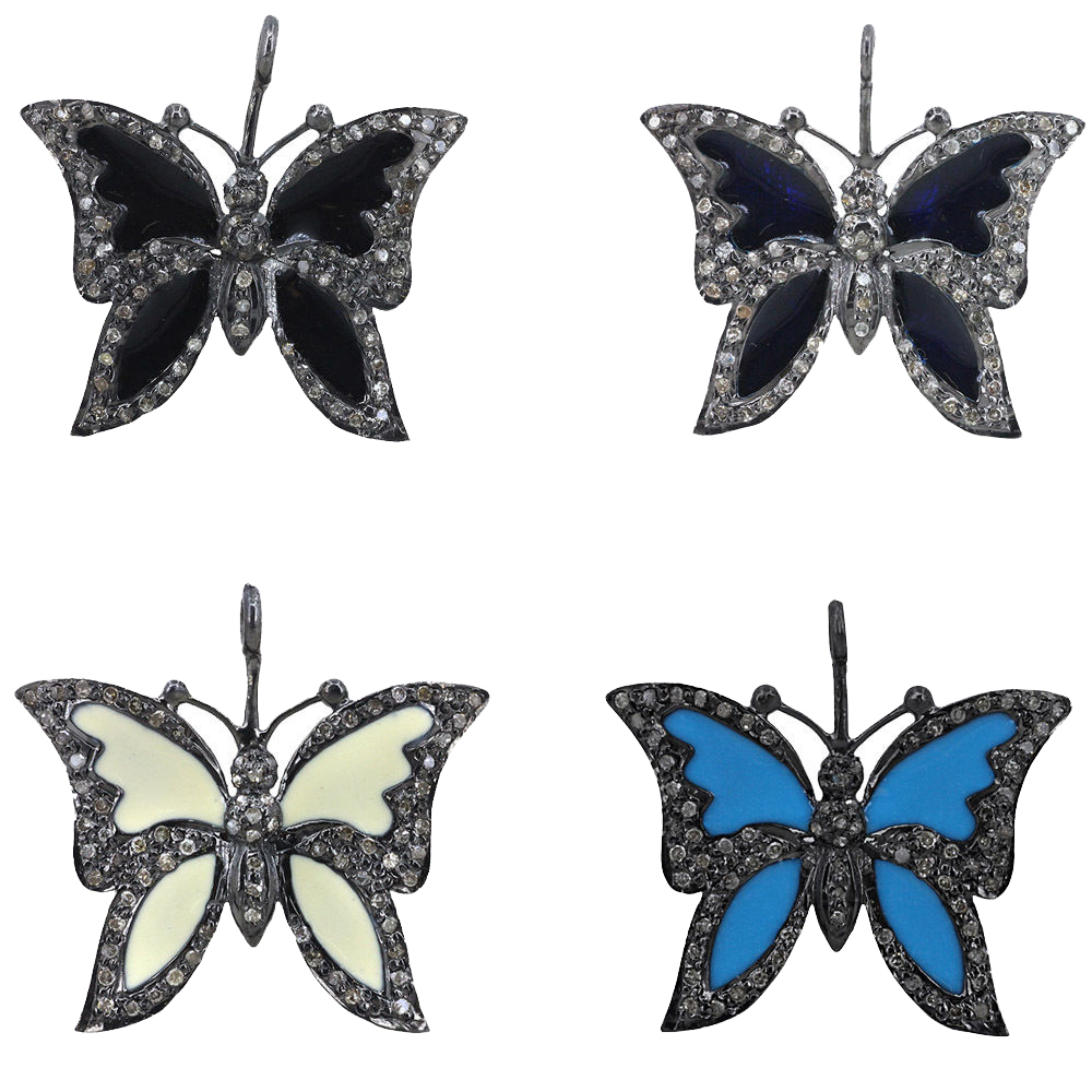 Natural Diamond Enamel Butterfly Charm Pendant Sterling Silver Handmade Jewelry