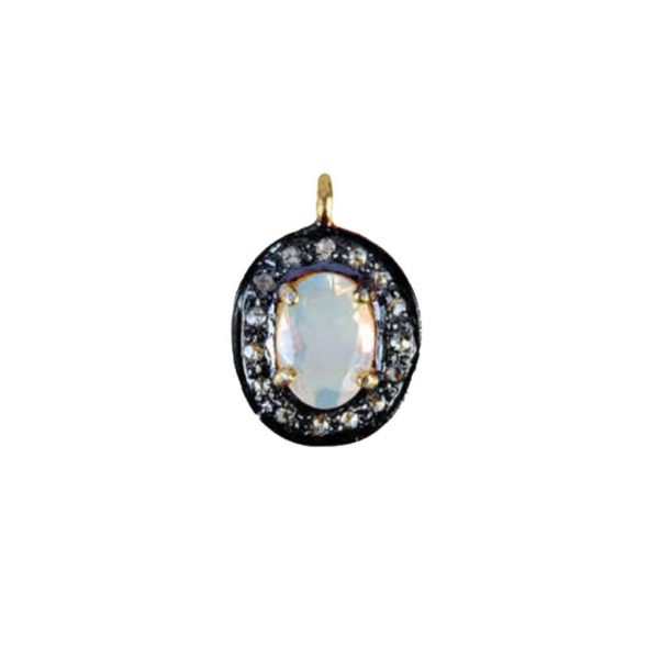 Genuine Opal Gemstone Charm Pendant Sterling Silver Diamond Pave Fashion Jewelry