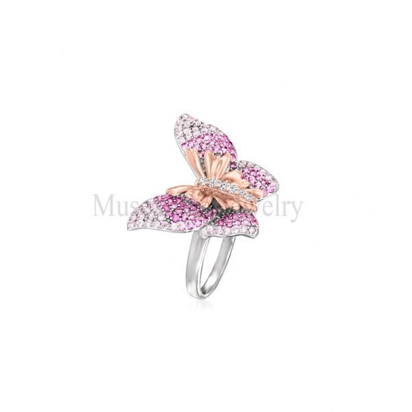 Pink Sapphire Butterfly Ring with CZ Accents in Two-Tone Sterling Silver Jewelry, Sterling Silver Butterfly Ring Jewelry For Women's