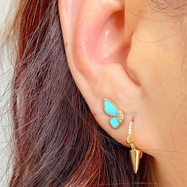14k Gold Turquoise Butterfly Stud Earring, 14k gold Turquoise Butterfly Earring, Handmade Gold Diamond Butterfly Earring Jewelry For Women's