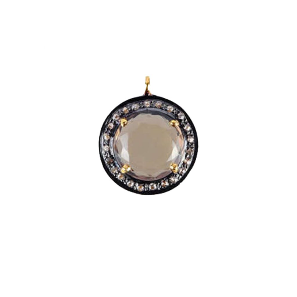925 Sterling Silver Diamond Pave Smoky Quartz Gemstone Charm Pendant Jewelry