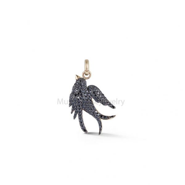 925 Sterling Silver Black Diamond Birdie Charm, Gold Bird Charms, Gold Charms Pendant Jewelry, Handmade Gold Pendant