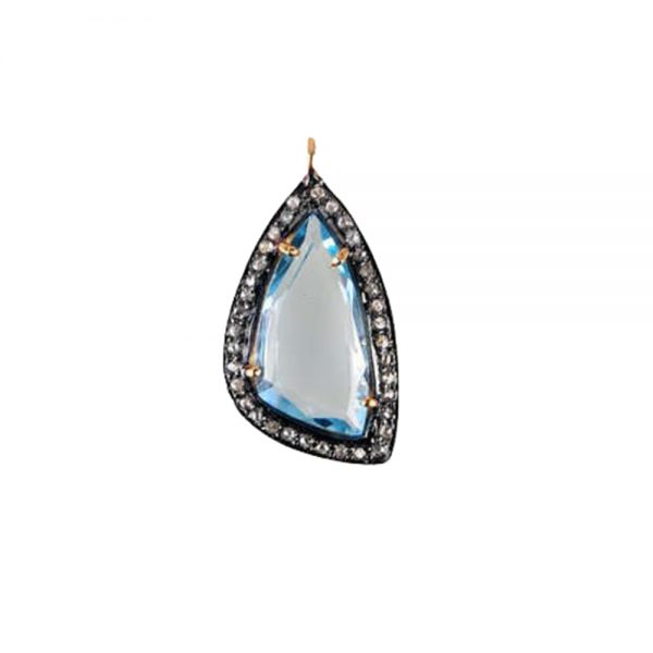 Sterling Silver Diamond Pave Genuine Blue Topaz Gemstone Charm Pendant Jewelry