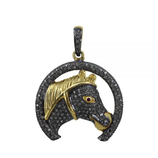 925 Sterling Silver Pave Diamond Ruby Gemstone Horseshoe & Horse Head Pendant