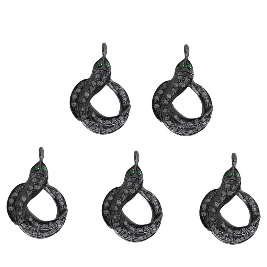 925 Silver Tsavorite Gemstone 0.22 Ct Diamond Pave Snake Charm Pendant
