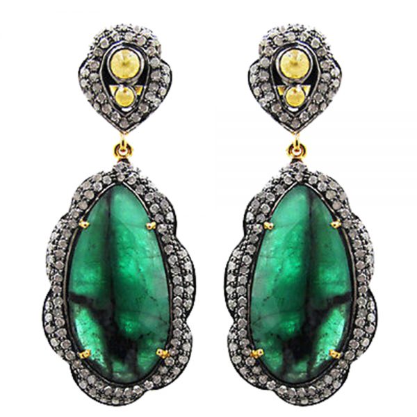 925 Silver Diamond Pave Jewelry Emerald Gemstone Dangle Earrings Wholesale