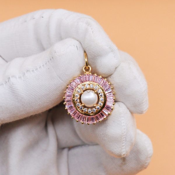 Pink Topaz with Diamond and Pearl Pendant Charm Jewelry, Silver Diamond and Pink Topaz with Pearl Charms, Diamond Charms, Pearl Charm