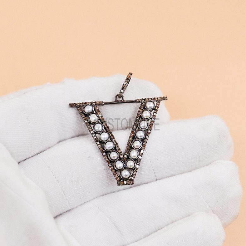 V Shape Alphabet Initial Pearl Pave Diamond Charms Monogram Pendant Jewelry, Pave Diamond Monogram Charm Pendant Jewelry, Silver Monogram