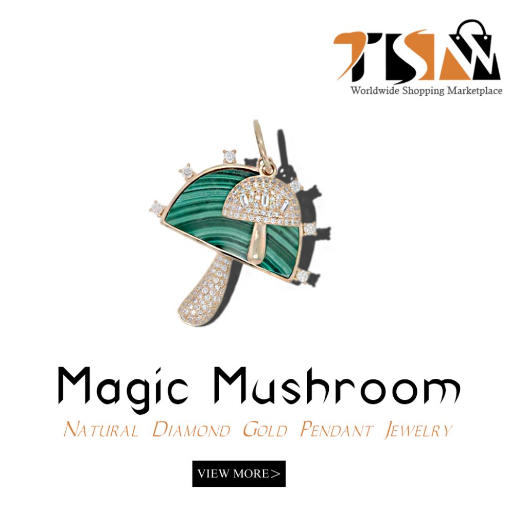 14k Gold Malachite Gemstone Diamond Magic Mushroom Pendant Jewelry