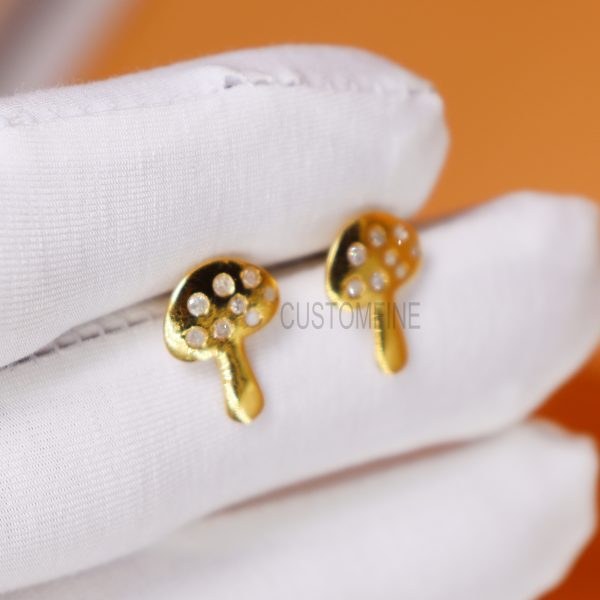925 Sterling Silver Yellow Gold Plating Natural Diamond Mushroom Shape Tiny Stud Earrings Jewelry