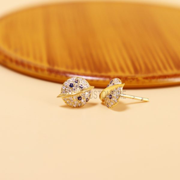 Vintage 14K Solid Yellow Gold Blue Sapphire & White Topaz Planet Earrings, 14k Gold Earrings, Planet Gold Stud