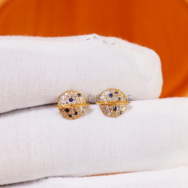 Vintage 14K Solid Yellow Gold Blue Sapphire & White Topaz Planet Earrings, 14k Gold Earrings, Planet Gold Stud